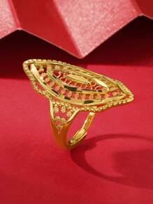 1pc Dubai & Gold-Plated Square Ring With Hollow Out Floral & Wide Band, Gift & Luxurious Lady Gift In Gold Color - Gold - View 9