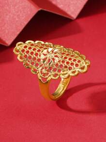 1pc Dubai & Gold-Plated Square Ring With Hollow Out Floral & Wide Band, Gift & Luxurious Lady Gift In Gold Color - Gold - View 6