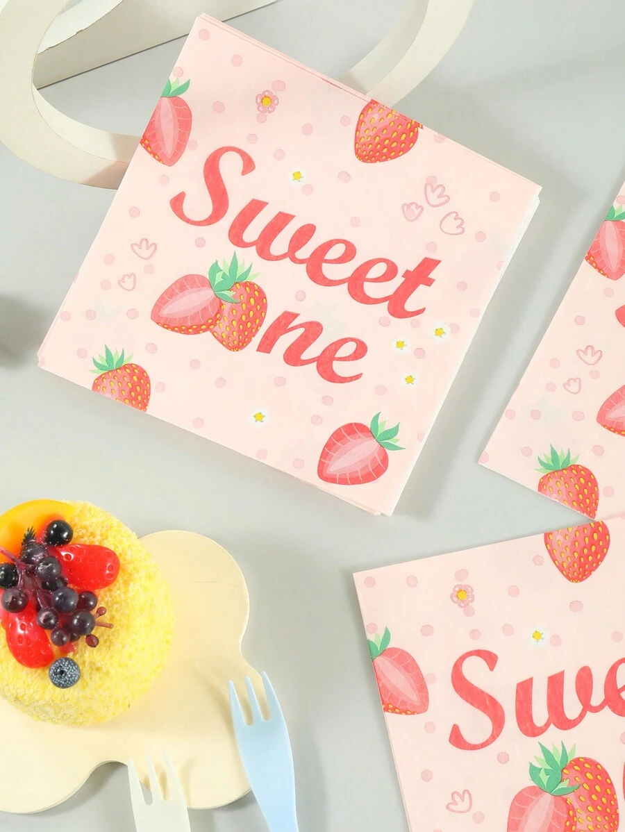 20pcs 33*33cm/13*13in Disposable Napkins With Pink Strawberry Pattern, Suitable For Weddings, Birthdays And Various Theme Parties As Well As Daily Use - Multicolor - View 1