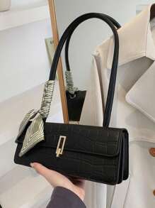 新款纯色PU围巾包，带盖和内拉链，时尚百搭的法式腋下包，女士法棍包，适合女性日常外出、购物、聚会，也是送给女友、圣诞节和情人节的理想礼物。 - 黑色 - 查看 2