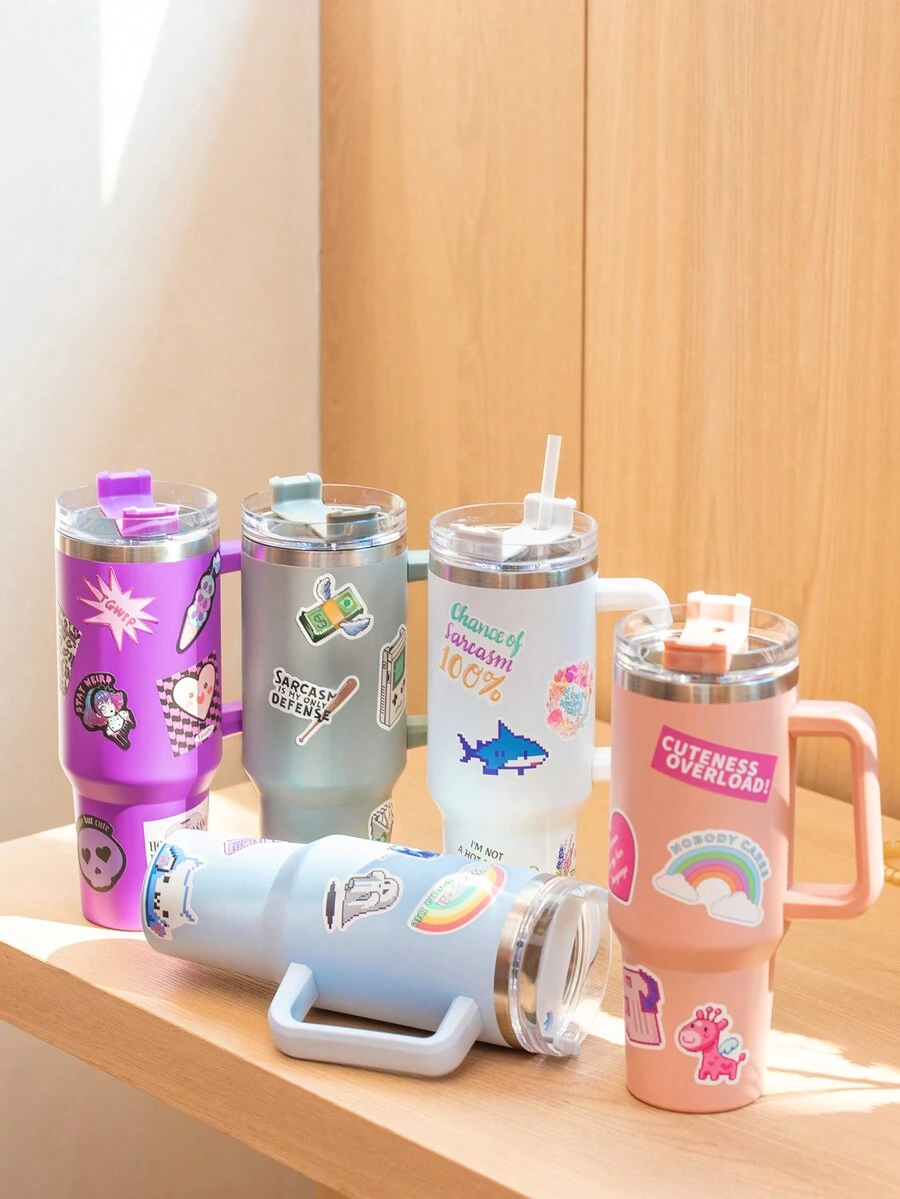 1200毫升/40盎斯大容量雙層不鏽鋼保溫杯,適用於啤酒和咖啡等熱飲和冷飲,附有耐高溫塑料吸管和20張隨機pvc貼紙的禮品杯 - 彩色 - 查看 1