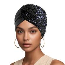 Fashion Women's Solid Color Beanie Hat Bling Side Sequin Decorated Stretch Turban Hat Bonnet Hair Bonnet Turban Christmas