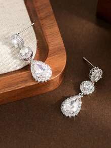一对奢华新娘立方氧化锆水滴形吊坠耳环，适合女士婚纱、日常佩戴，皇家风范。情人节配饰 - A - 查看 6