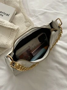 Mini Pressed Pattern Shoulder Bag, Tready Crescent Moon Bag For Women - White - View 4