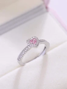 1枚優雅的少女粉色心形戒指 - 銀色 - 查看 2