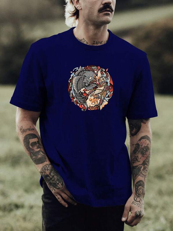 Camiseta Masculina Estampada Carpa Samurai Bonsai Anime Cartoon 100% Algodão Fio 30.1