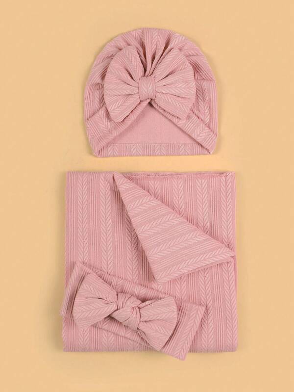 3pcs/Set Spring/Autumn Newborn Baby Wrap Swaddle Blanket Set, Including Jacquard Plaid Blanket, Headband & Cap With Bowknot Love Valentine