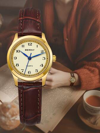  BERNY Reloj genuino para mujer con dial fácil de leer, manecillas doradas de hora, minuto y segundo, dial simple, reloj de cuarzo resistente al agua de 30m