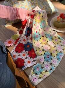 1条法式复古手工针织三角围巾，女士夏季旅行和拍照道具，可爱花朵发带防晒，波西米亚风头巾，发饰，头巾式发带，秋冬季度假装扮发带，女士柔软头巾 - 彩色 - 查看 4