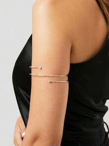 1pc Personalized Exaggerate Geometrical Lines Design Metal Arm Cuff With Rhinestone Fit For Women's Daily Wear In Summer - Gold - View 3