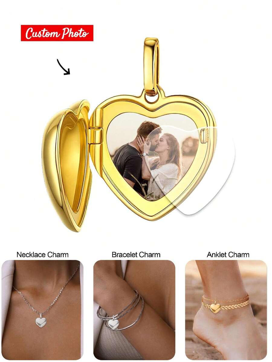 1pc Personalized Photo Charm Bracelet, Gift For Mother, Daughter, Girlfriend, Wife, Best Friend, Heart & Round Pendant Beads, Valentine's Day Gift For Daughter, Girlfriend, Wife, Best Friend - Gold - View 1