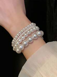 2-4入組法式復古簡約珍珠彈性手環，時尚日常多用途優雅女性手袋 - 白色 - 查看 6