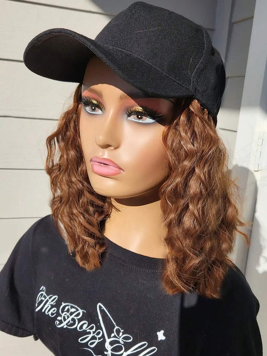 14 Inch Short Wave Baseball Cap Wig With Curly Hair Extension Synthetic