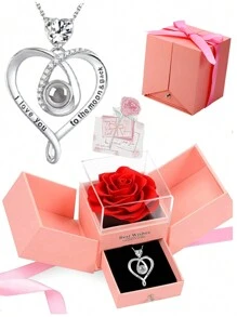 附有愛心項鍊的浪漫玫瑰花盒，鑲有"我愛你"百語玫瑰心形項鍊，適合送給母親、妻子、女友、女兒或閨蜜，為她們慶祝母親節、情人節、聖誕節、紀念日、生日、節日等 - 白色 - 查看 1