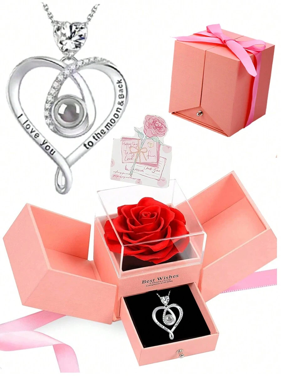 附有愛心項鍊的浪漫玫瑰花盒，鑲有"我愛你"百語玫瑰心形項鍊，適合送給母親、妻子、女友、女兒或閨蜜，為她們慶祝母親節、情人節、聖誕節、紀念日、生日、節日等 - 白色 - 查看 1
