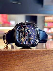 FENSIR 男士方形中空飛行陀飛輪自動機械腕表,商務款簡約大表盤發光手錶 - 黑色 - 查看 6