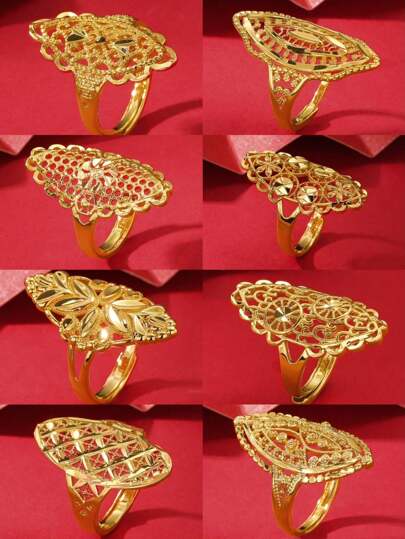 1pc Dubai & Gold-Plated Square Ring With Hollow Out Floral & Wide Band, Gift & Luxurious Lady Gift In Gold Color