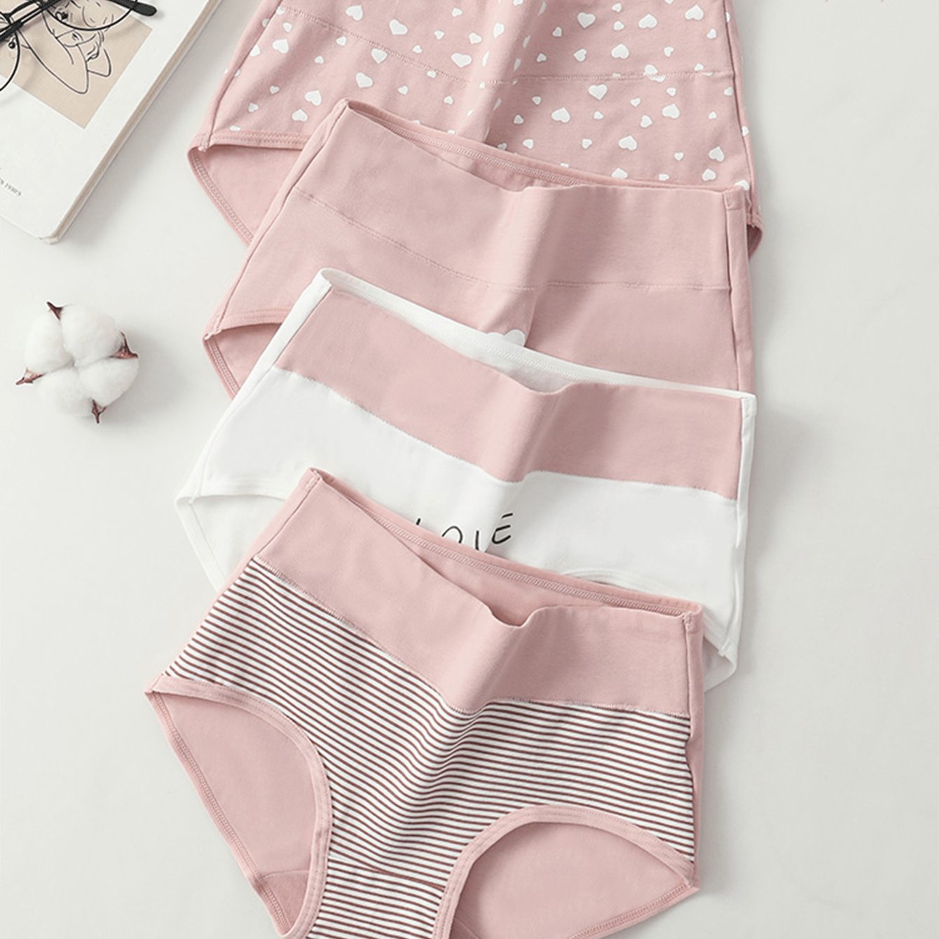 Piezas/paquete Bragas tipo hipster de algodón transpirable y elástico de cintura alta con diseño de corazón rosa para mujeres