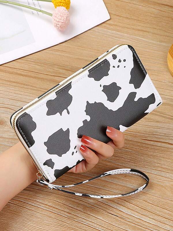 1pc Women's Pu Leather Wallet With Credit Card Slots Large Capacity Zipper Clutch Wrist Strap Cow Pattern Design Coin & Phone Pockets Suitable For Multiple Age Groups Fashionable Wristlet Wallet Wristlet Wallet