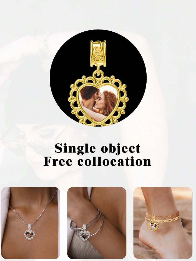 1pc Personalized Photo Bracelet Pendant, Gift For Mother, Daughter, Girlfriend, Wife, Best Friend, Includes Photo Necklace Pendant, Photo Anklet Pendant, And Heart/Round Pendant Beads - Black - View 7