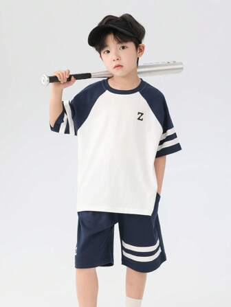 zosee 2 件套男童夏季服装，年轻男孩透气运动两件套，时尚松紧带拼接运动套装，2024 年新款