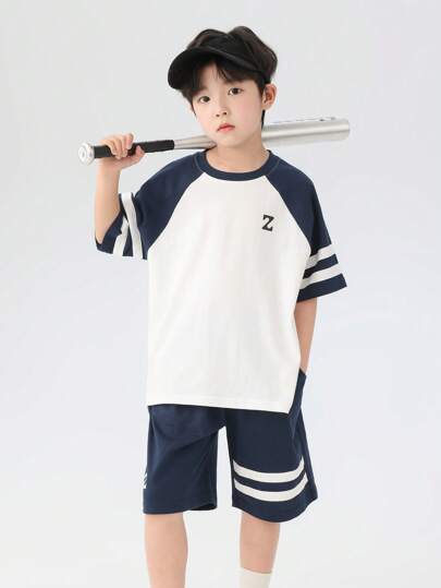 zosee 2 件套男童夏季服装，年轻男孩透气运动两件套，时尚松紧带拼接运动套装，2024 年新款