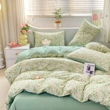 4 cái/bộ , Mới Cao-kết thúc Mềm mại & Thoáng khí Hoa Phong cách Công chúa Bộ chăn ga gối Dành cho Cô gái , Bao gồm 1 Chăn bông Che phủ , 1 Chăn Phẳng , Và 2 Gối Và Chăn bông Không - Màu Hồng  Dưa hấu - Xem 7