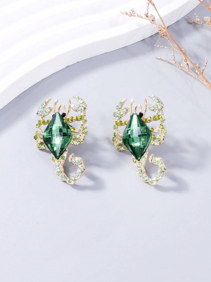 juran 1 paire de boucles d'oreilles animaux avec strass, boucles d'oreilles insecte scorpion avec strass originales, accessoires pour femmes - Vert - Voir 1