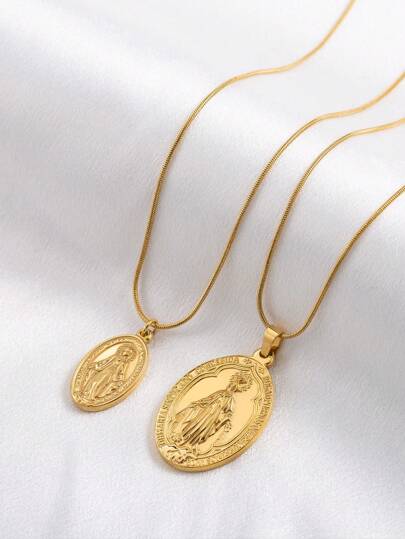 1pc Personalized Vintage Style Stainless Steel Gold-Plated Short Necklace With Our Lady Pendant, Unisex Party Accessory