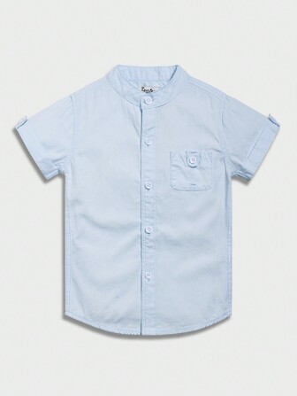 男孩夏季經典單口袋斜紋布休閒短袖圓領襯衫