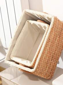1pc Handmade Corn Husk Weaved Rectangular Storage Basket, Suitable For Organizing Toys, Snacks And Cosmetics In Japanese Style