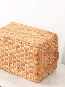 1pc Handmade Corn Husk Weaved Rectangular Storage Basket, Suitable For Organizing Toys, Snacks And Cosmetics In Japanese Style
