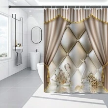 1/4pcs Luxury Drapery Pattern Shower Curtain Set Bathroom Decor Swan Print Shower Curtains With Hooks Bath Mats Rugs Toilet Lid Cover Non-Slip Carpet - Multicolor - View 6