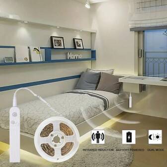 1pc Battery Operated Pir Motion Sensor Light Strip, 1-5m, White/Warm White, Compatible With Usb Cable Or 4pcs Aaa Batteries, Ideal For Using In Cabinet, Sofa, Bedroom, Kitchen, Staircase, Corridor, Etc. (Battery Not Included)