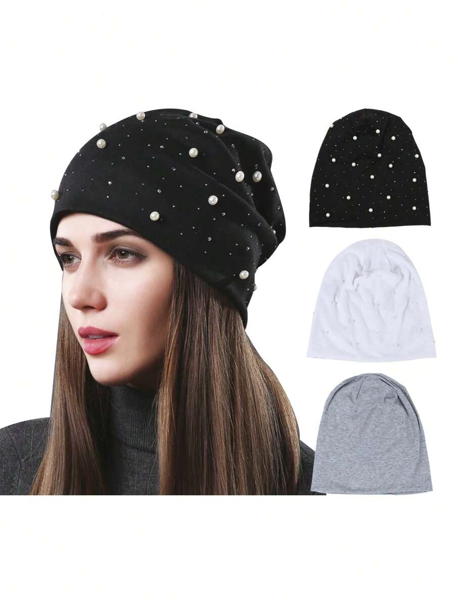 優雅1入女士黑色假珍珠和熱鑽飾釘毛帽，適用於秋冬戶外活動和產後 - 黑色 - 查看 1