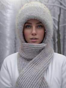1 Stück Damen Fleece Beanie Mütze und Schal Set, zweifarbig, niedlich, Winterskimütze, dick und warm, Ohrenschutz, gestrickte Mütze und Schal Set, Winterschal, Fleece Beanie Set, dick und kältebeständig, elastische gestrickte Schlauchschal, für Damen und Herren Outdoor, Damen Winter Warm integrierte gestrickte Mütze und Schal, vielseitig, windundurchlässiger Ohrenschutz, gestrickte Mütze, Winter Mütze und Schal Set, Damen kalt und warm gestrickte Mütze mit Ohrenschutz