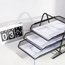 1pc Three-Tier Metallic File Tray Organizer, A4 Size, For Office Desk Storage - Black - View 4