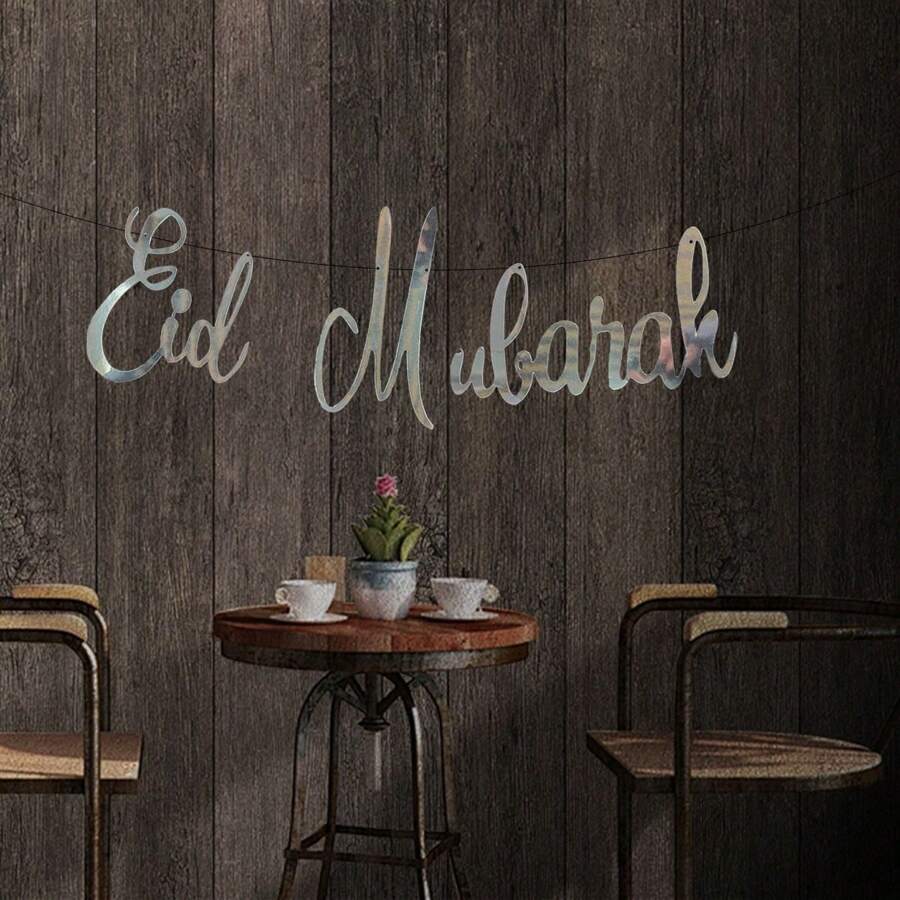 1pc Moon Festival Banner Decoration, Ramadan,Ramadan Decor,Eid Mubarak - Silver - View 1
