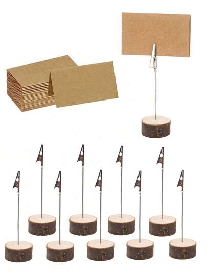 5Pcs/10Pcs, Wood Place Card Holders With Clips And Cards, Wood Table Number Food Cards Label Holders Stands, Name Cards Photo Holders For Wedding Birthday Party Supply