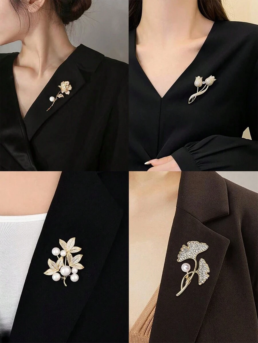 1pc Elaborate & Delicate Rose & Tulip Shaped Brooch With Rhinestone & Faux Pearl Decoration - Yellow Gold - View 1