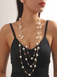 Conjunto de joyas falsas estilo de vacaciones de 3 piezas que incluye collar, cadena para suéter de cuentas de varios colores y aretes para uso diario de mujeres y accesorio de playa - Multicolor - Ver 2