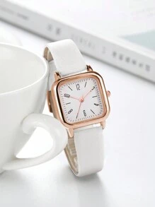 Women's Leather Strap Fashionable Simple Square Dial Quartz Wristwatch + Pearl Jewelry Set (5pcs/Set) As A Gift For Students Returning To School