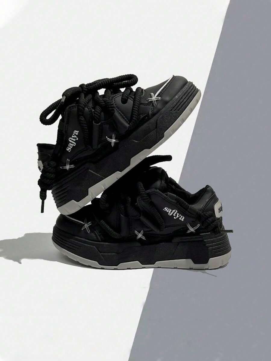 New Spring/Autumn Women Casual Shoes, Niche Fashionable Round Toe Low-Cut Comfortable Sports Sneakers, Cool Street Style Shoes - 黑色 - 查看 1