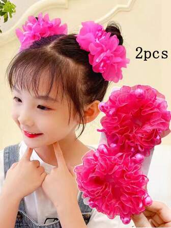 2pcs Girl's Cute Pink Fabric Hair Ties With Beads And Flower Decor Headband Suitable For Daily Wear, Vacation, Or