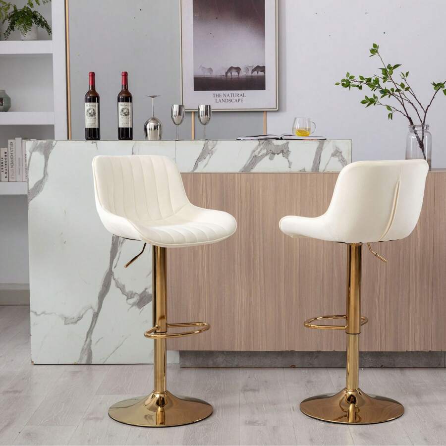 24-32 Inch Velvet Bar Stools, Counter Height Adjustable Swivel Barstools High Bar Chairs With Back & Golden Metal Base, Simple Bar Stool With Footrest For Home Kitchen Island, Pub(Ivory, Set Of 2) - 象牙 - 查看 1