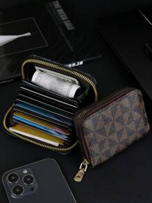 Fashionable Plaid Pattern Casual Retro Zipper Small Card Holder Portable Lightweight Coin Purse Unisex Card Case Card Wallet Credit Card Holder Mini Wallet - Brown - View 2