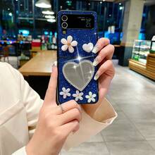 1pc Blue Heart Mirror & 3d Flower Flip Phone Case Compatible With Samsung Galaxy Z Flip3/4/5, Full Coverage Anti-Fall Protective Cover - Blue - View 6