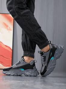 男士时尚拼色网眼前系带运动鞋，舒适缓震休闲运动鞋，适合日常穿着 - 灰色 - 查看 3
