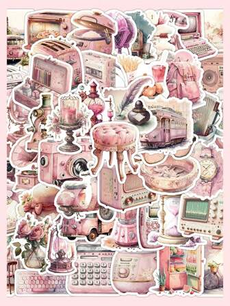 63pcs/Pack Retro Style Pink Stickers For Vintage Item Decoration, Diy Phone Case, Notebook, Travel Album And More