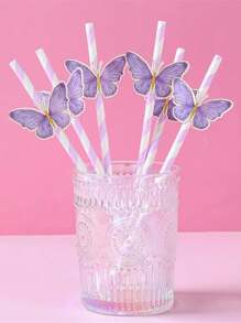 10/20/30支紫色蝴蝶纸吸管生日快乐婚礼装饰活动热带派对吸管用品 - 紫色 - 查看 1